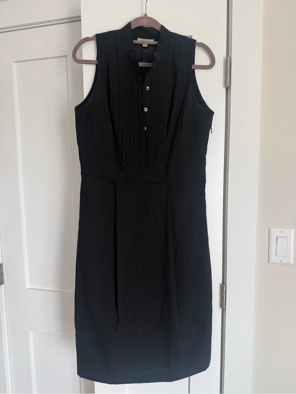 Burberry Black Sleeveless Pleated Front Sheath Dress